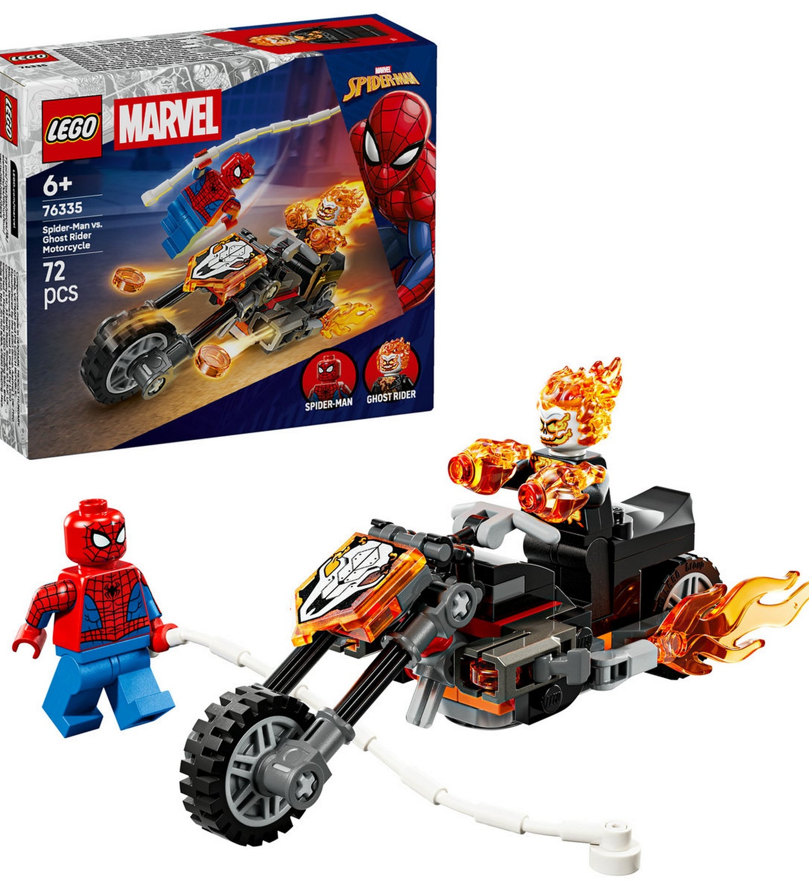 LEGO Marvel Spider-Man vs. Ghost Rider Motorcycle (76335) – A készlet kibontva, Ghost Rider lángoló motorkerékpárja és Spider-Man minifigura.