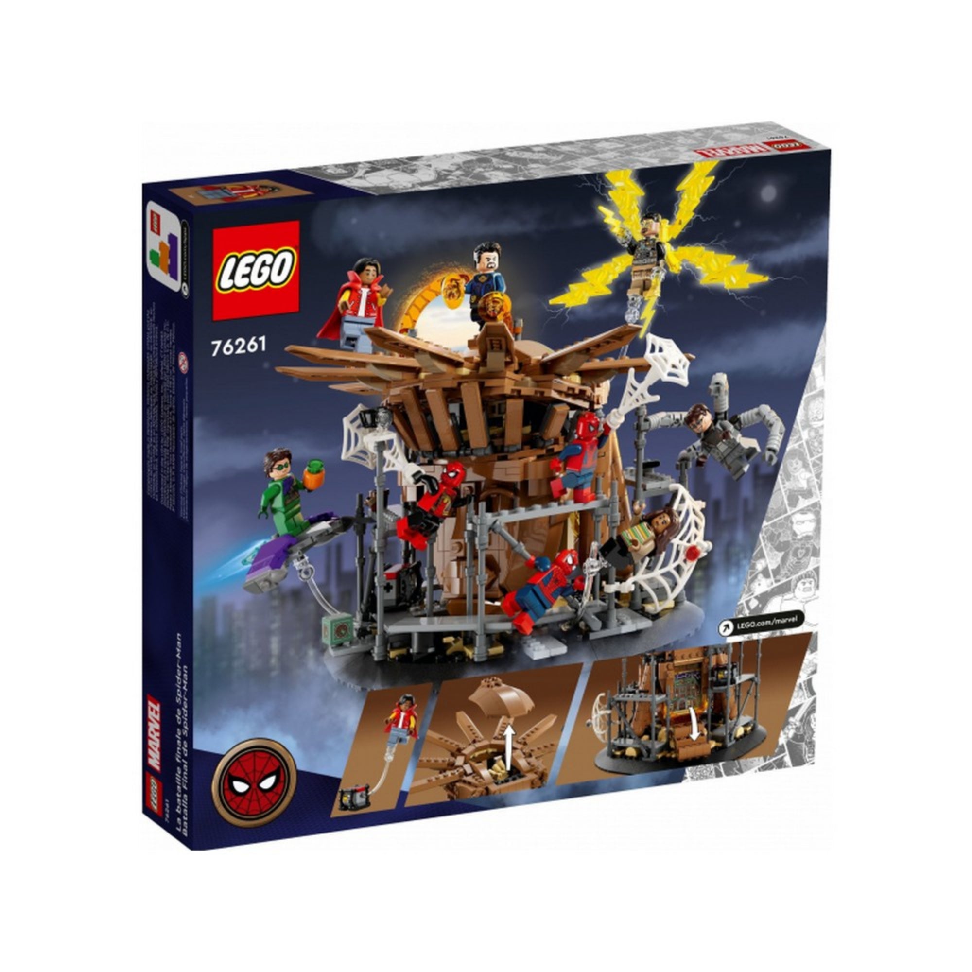 LEGO Marvel Pókember: A végső ütközet (76261) hátoldal – bemutatja az interaktív játékelemeket, szereplőket és szétválasztható jeleneteket.