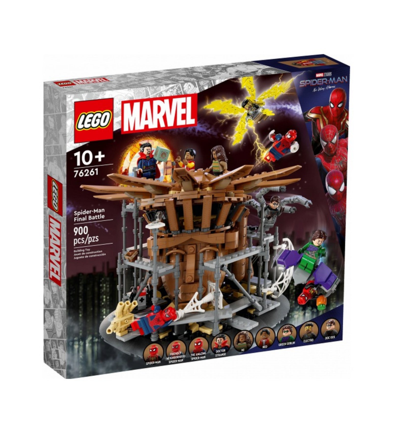 LEGO Marvel Pókember: A végső ütközet (76261) doboza, rajta dinamikus harci jelenet a három Pókemberrel és a film gonoszaival.