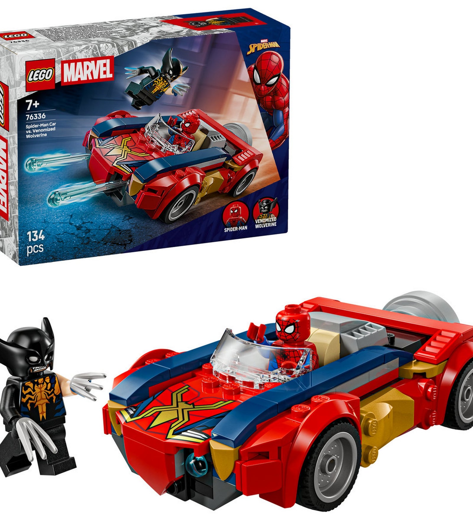 LEGO Marvel Spider-Man Car vs. Venomized Wolverine (76336) – A készlet kibontva, Spider-Man piros sportautója és a Venomizált Wolverine minifigura.