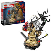 LEGO Marvel Epic Battle: Spider-Man vs. Sandman (76334) doboz és a teljesen megépített dioráma, Sandman homokszobra, hálóelem és Venom figurája.