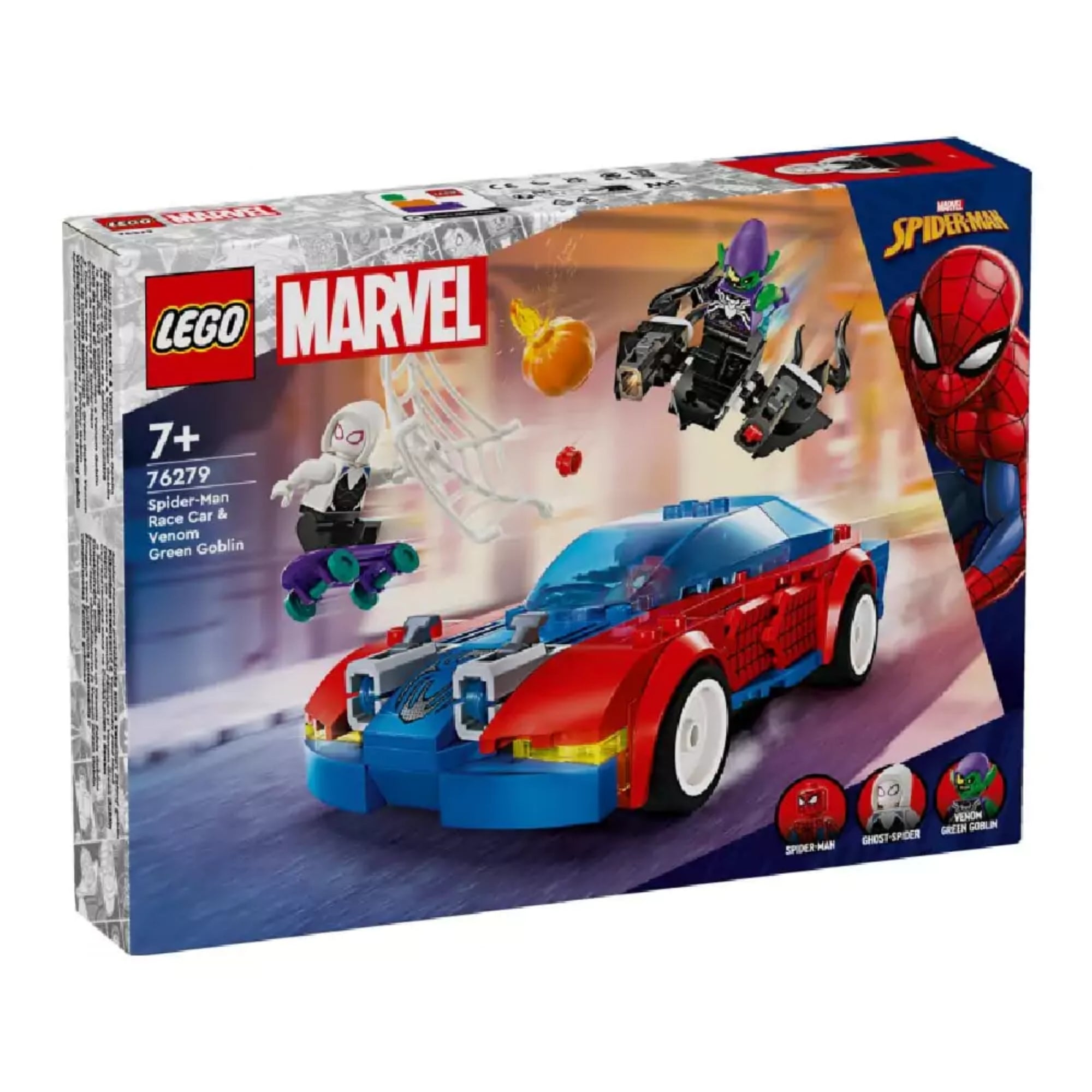 LEGO Marvel Pókember versenyautó – Venomizált Zöld Manó (76279) dobozkép: elölről fotózott csomagolás, középpontban a versenyautó, Ghost-Spider gördeszkán, háttérben Venomizált Zöld Manó és narancssárga bombája