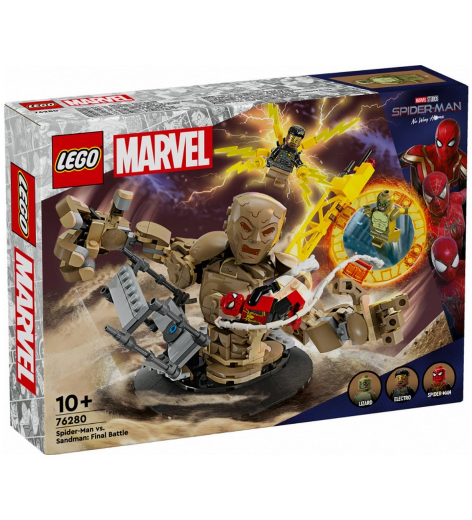 A LEGO Marvel 76280 készlet dobozának elölnézete, rajta a látványos jelenet Homokemberrel, aki Pókembert tartja, valamint Electro és Lizard is szerepelnek. A doboz jobb oldalán három Pókember változat látható illusztrációként, Marvel Studios: No Way Home dizájnnal.
