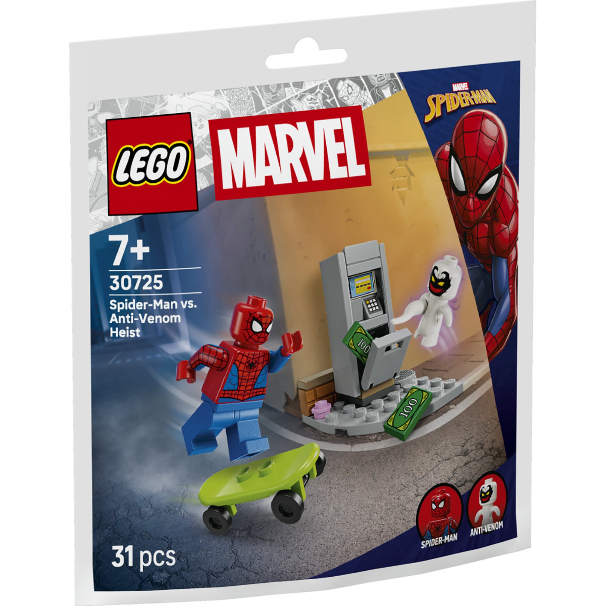 LEGO Marvel Spider-Man vs. Anti-Venom Heist 30725 polybag csomagolás, amely Spider-Man és Anti-Venom bankrablás jelenetét mutatja.