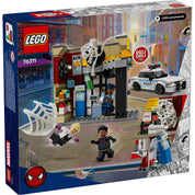 A ,,LEGO Pókverzum: Miles Morales vs. Spot 76311" szett dobozának hátulja, amely részletezi az akcióelemeket és karaktereket.

