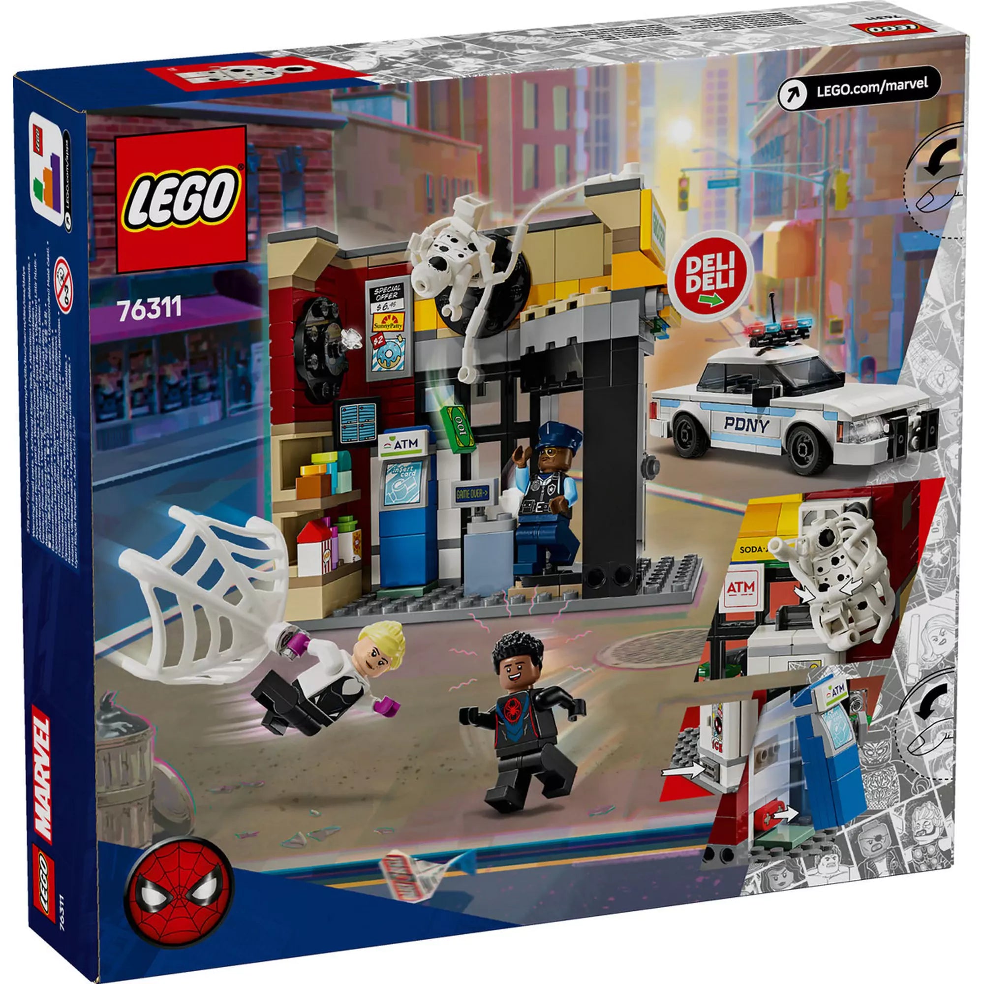 A ,,LEGO Pókverzum: Miles Morales vs. Spot 76311" szett dobozának hátulja, amely részletezi az akcióelemeket és karaktereket.

