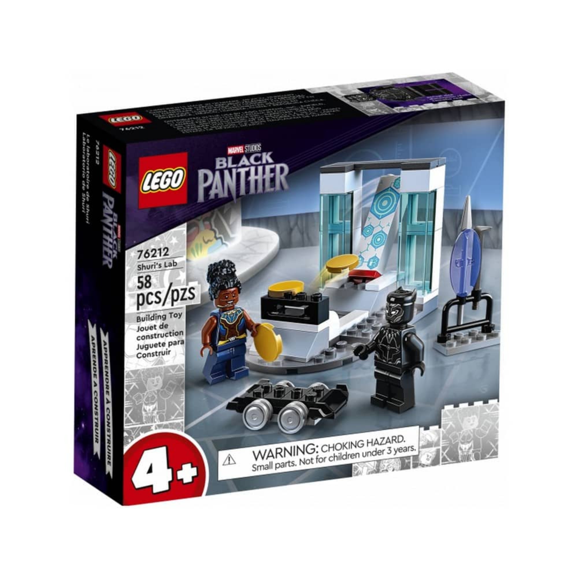 A LEGO Marvel Shuri laborja (76212) szett doboza, amelyen a 4+ korosztály jelölése, a 58 darabos készlet felirata és a Black Panther logó is látható. A dobozon Shuri és Fekete Párduc minifigurái, valamint a labor részletei szerepelnek.