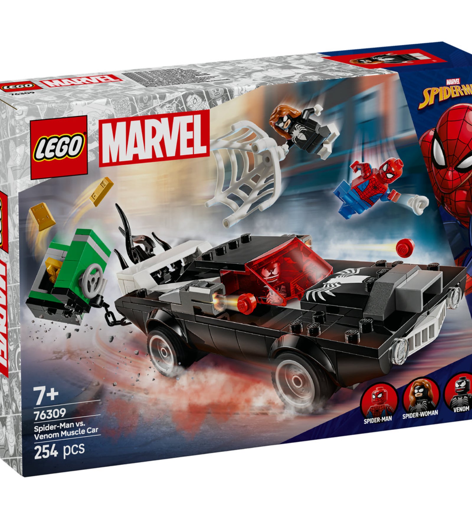 LEGO Marvel doboz, amely Pókembert és Venomet ábrázolja, ahogy harcolnak a Venom izomautó mellett, három minifigurával.