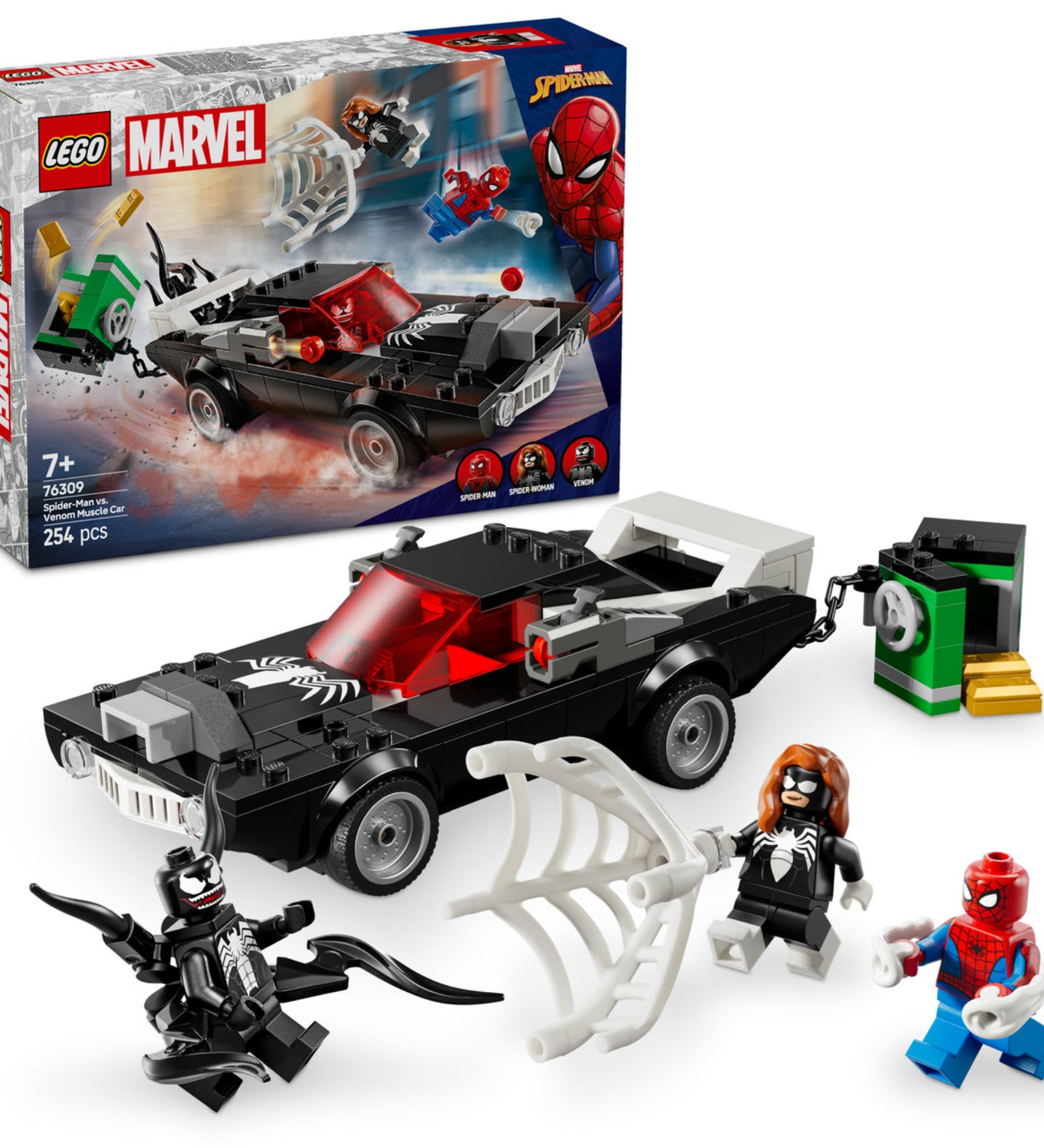 A LEGO Marvel Spider-Man vs. Venom izomautó játékkészlet képe, ahol látható a doboz, a Venom vezette izomautó, és a szereplők, köztük Spider-Man, Spider-Woman és Venom minifigurák.