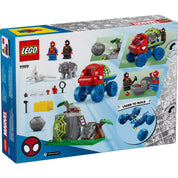 A LEGO Marvel Super Heroes 11199 Team Spidey Dino Crawler Rescue készlet hátulja, amely bemutatja a különböző építőelemeket, mint Spidey és Miles „Spin” Morales minifigurák, dinozauruszok és a Dino Crawler kamion. A képen szerepel egy dino tojás, pókfonál, kőesési funkció és egy pók.