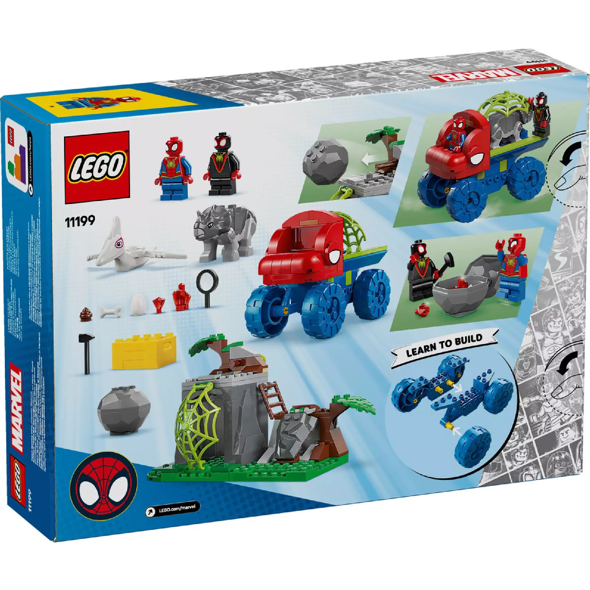 A LEGO Marvel Super Heroes 11199 Team Spidey Dino Crawler Rescue készlet hátulja, amely bemutatja a különböző építőelemeket, mint Spidey és Miles „Spin” Morales minifigurák, dinozauruszok és a Dino Crawler kamion. A képen szerepel egy dino tojás, pókfonál, kőesési funkció és egy pók.