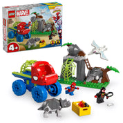 A LEGO Marvel Super Heroes 11199 Team Spidey Dino Crawler Rescue készlet, amely tartalmazza a dino-camiont, Spidey és Miles „Spin” Morales minifigurákat, valamint egy triceratopsz dinoszauruszt. A háttérben egy sziklás terület, pókfonál és egy dino tojás, miközben Spidey éppen fut a dino-camion mellett.