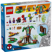 A kép a LEGO Marvel Super Heroes Spidey vs. Gobby készlet hátoldalát mutatja. Láthatók a benne lévő darabok és karakterek, beleértve Spideyt, Gobbyt és a hozzájuk tartozó dinoszaurusz figurákat. A készlet tartalmaz egy fészekházat kiegészítőkkel, mint például egy helikopter, pók hálók és különféle színes építőkockák. Az utasítások a különböző részek összeállítását mutatják, valamint a kész készlet előnézete is látható.