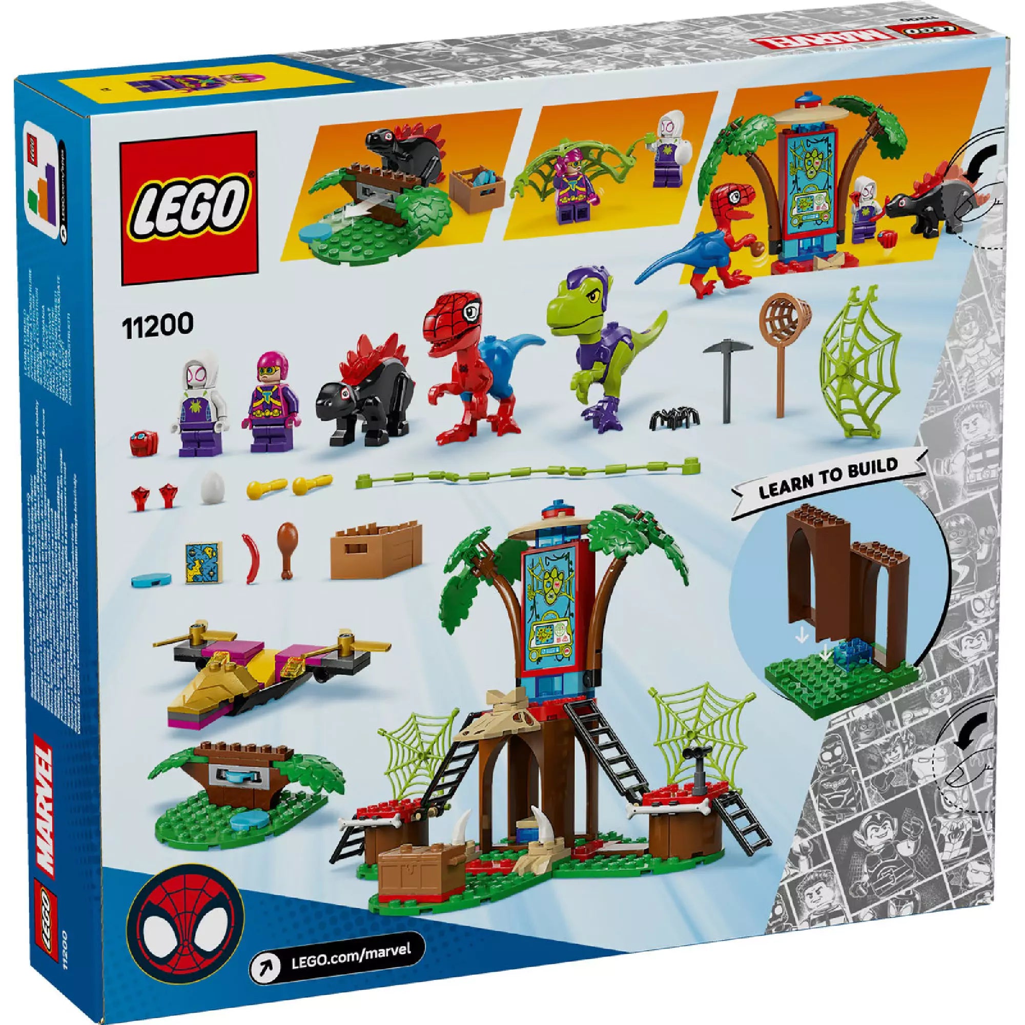 A kép a LEGO Marvel Super Heroes Spidey vs. Gobby készlet hátoldalát mutatja. Láthatók a benne lévő darabok és karakterek, beleértve Spideyt, Gobbyt és a hozzájuk tartozó dinoszaurusz figurákat. A készlet tartalmaz egy fészekházat kiegészítőkkel, mint például egy helikopter, pók hálók és különféle színes építőkockák. Az utasítások a különböző részek összeállítását mutatják, valamint a kész készlet előnézete is látható.