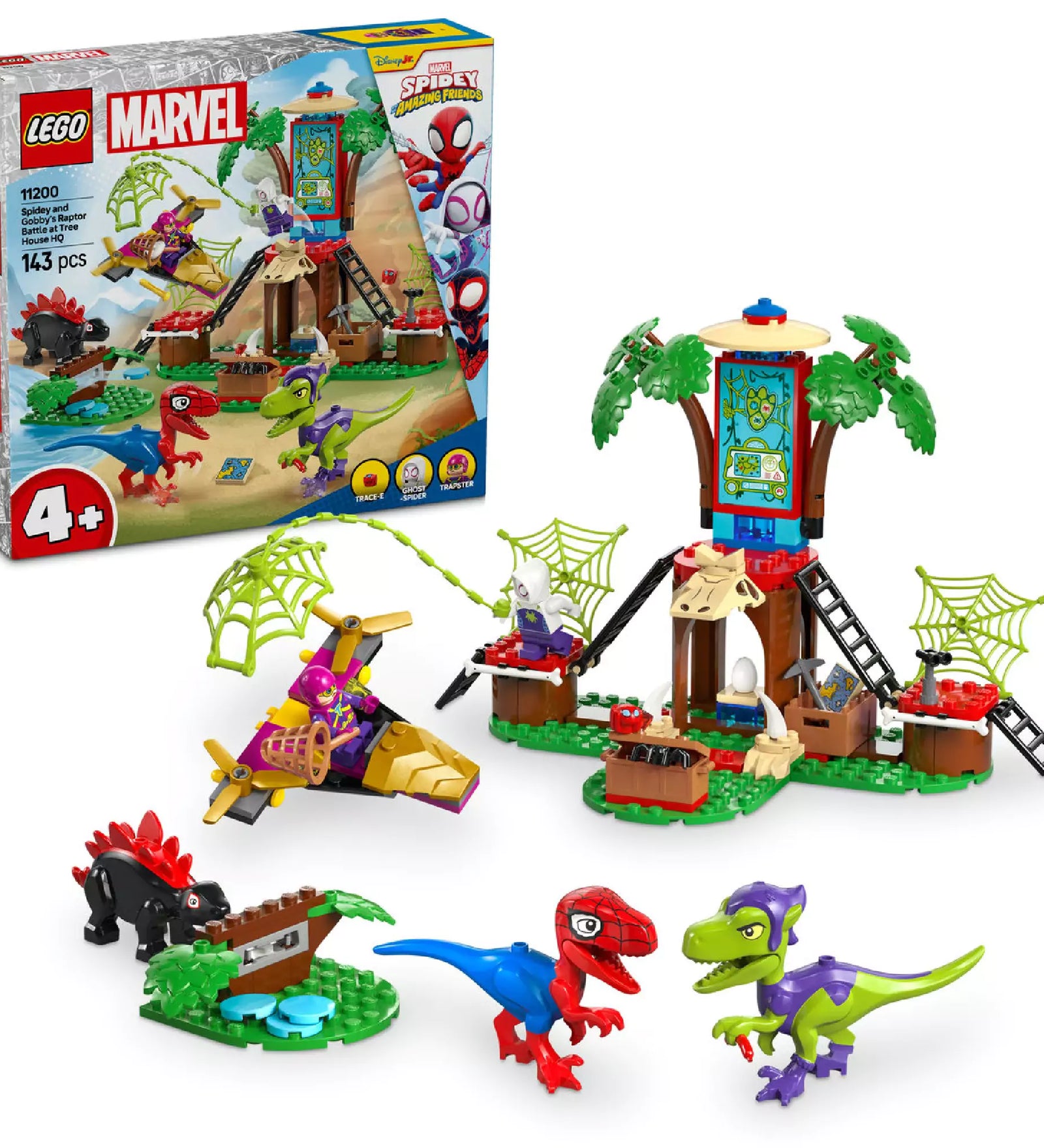 A kép a LEGO Marvel Super Heroes Spidey vs. Gobby (11200) készletet ábrázolja. A készlet tartalmazza a fészekházat, Spidey és Gobby dinoszaurusz figuráit, valamint egy helikoptert. Emellett láthatók pók hálók, kiegészítő elemek, és a játékterület, amely dínószerű tájat ábrázol, valamint a karakterek kalandját. A csomag tartalmazza a színes építőkockákat, amelyek segítségével a gyermekek a saját történeteiket hozhatják létre.