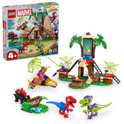 A kép a LEGO Marvel Super Heroes Spidey vs. Gobby (11200) készletet ábrázolja. A készlet tartalmazza a fészekházat, Spidey és Gobby dinoszaurusz figuráit, valamint egy helikoptert. Emellett láthatók pók hálók, kiegészítő elemek, és a játékterület, amely dínószerű tájat ábrázol, valamint a karakterek kalandját. A csomag tartalmazza a színes építőkockákat, amelyek segítségével a gyermekek a saját történeteiket hozhatják létre.