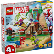 A LEGO Marvel Super Heroes Spidey vs. Gobby (11200) szett egy izgalmas fészekházat, három szuperhőst, két dino-vehiklit és kiegészítőket ábrázol. A képen a fészekház és a játékfigurák láthatók a különböző elemekkel, mint a pók hálók és a kincsesládák.