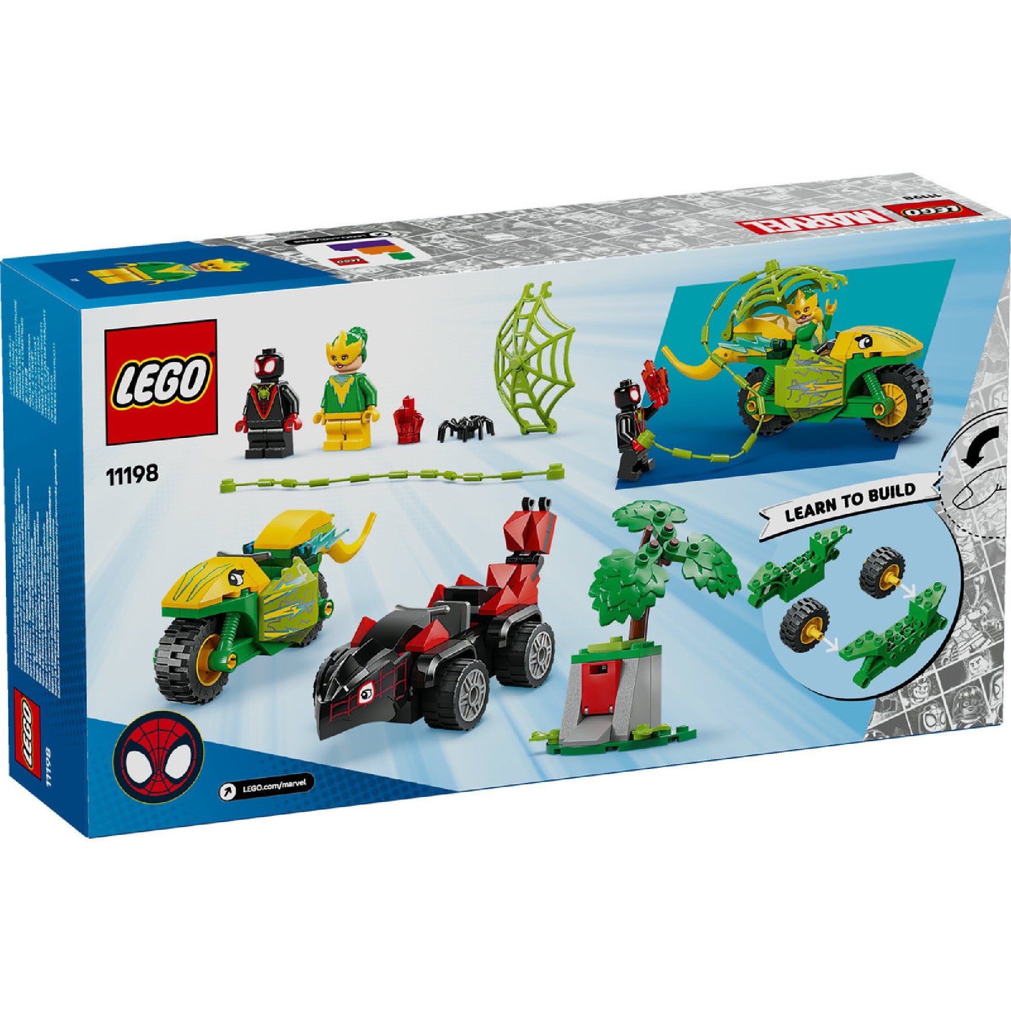 Egy LEGO Marvel Super Heroes Spin és Electro dino-járműves készlet (11198) hátoldala, amely bemutatja a készlet tartalmát, beleértve a két szuperhős minifigurát, a stegoszaurusz autót, a dilophosaurus motort és a kiegészítő építményeket, például a pókfonalat és a fát.
