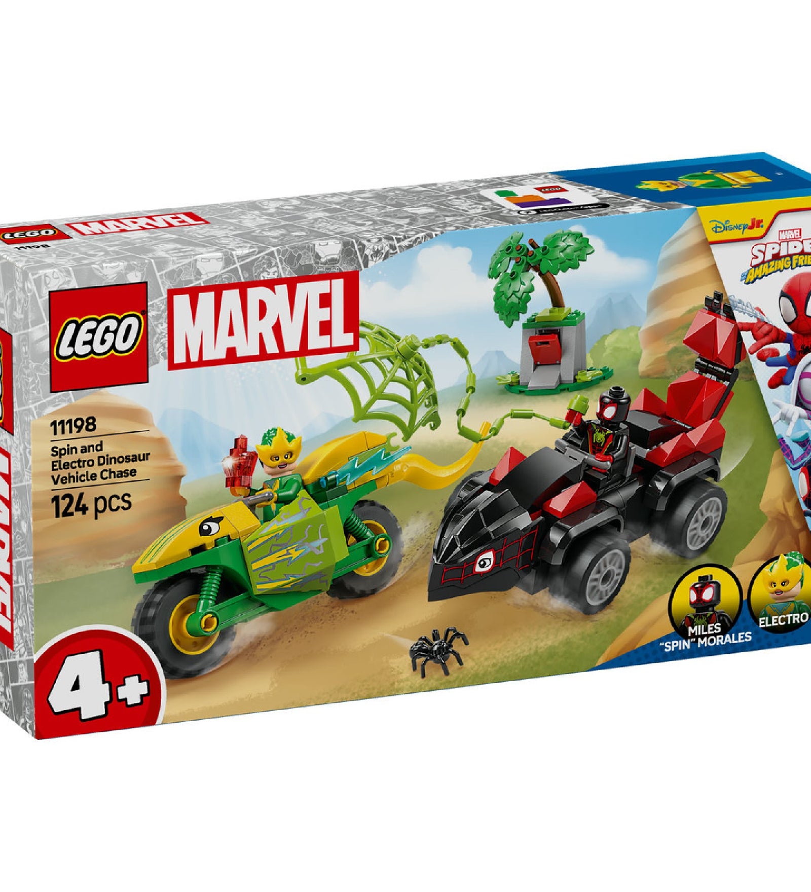 LEGO Marvel Super Heroes Spin és Electro dino-járműves készlet (11198), tartalmaz 2 szuperhős minifigurát, stegoszaurusz autót és dilophosaurus motort, kreatív kalandokhoz.
