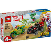 LEGO Marvel Super Heroes Spin és Electro dino-járműves készlet (11198), tartalmaz 2 szuperhős minifigurát, stegoszaurusz autót és dilophosaurus motort, kreatív kalandokhoz.