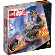 A LEGO Marvel Szellemlovas robot és motor (76245) szett dinamikus dobozképe, amelyen a lángoló fejű Szellemlovas egy erőteljes, fekete és narancssárga chopper motoron ülve száguld, kezében tüzes láncot forgatva. A doboz bal felső sarkában a LEGO és Marvel logó, valamint a korosztály és darabszám is jól látható.