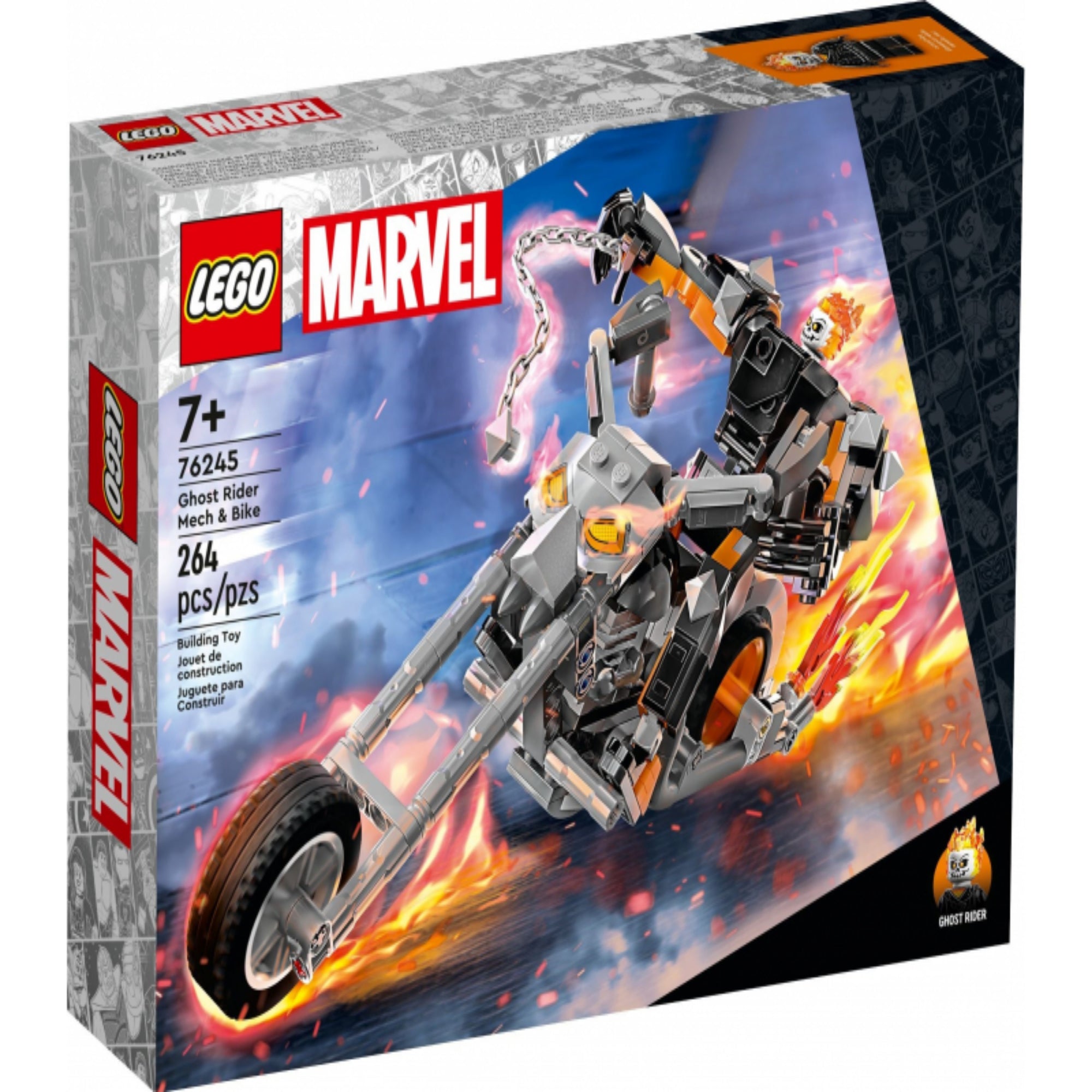 A LEGO Marvel Szellemlovas robot és motor (76245) szett dinamikus dobozképe, amelyen a lángoló fejű Szellemlovas egy erőteljes, fekete és narancssárga chopper motoron ülve száguld, kezében tüzes láncot forgatva. A doboz bal felső sarkában a LEGO és Marvel logó, valamint a korosztály és darabszám is jól látható.