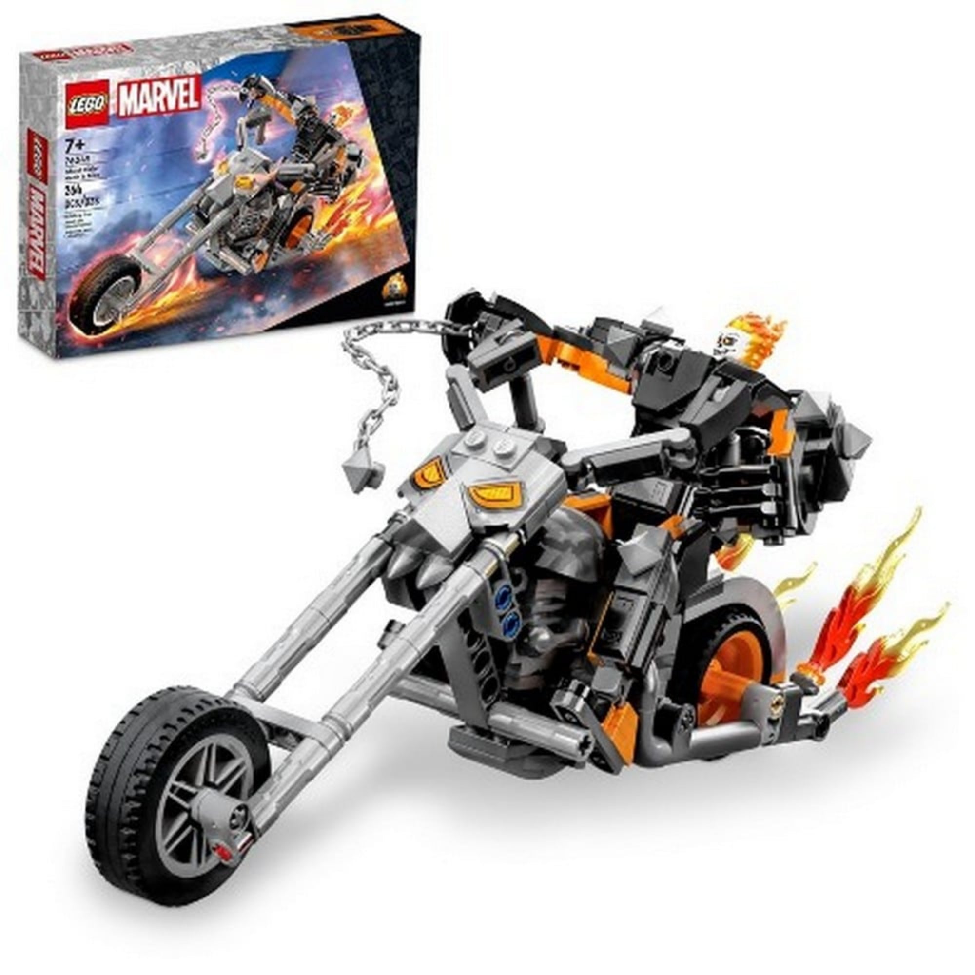 A LEGO Marvel Szellemlovas robot és motor (76245) szett doboza és az összerakott készlet, amelyen a tüzes láncot forgató Szellemlovas figura, az ikonikus lángoló motor és a páncélos robot is látható fehér háttér előtt.