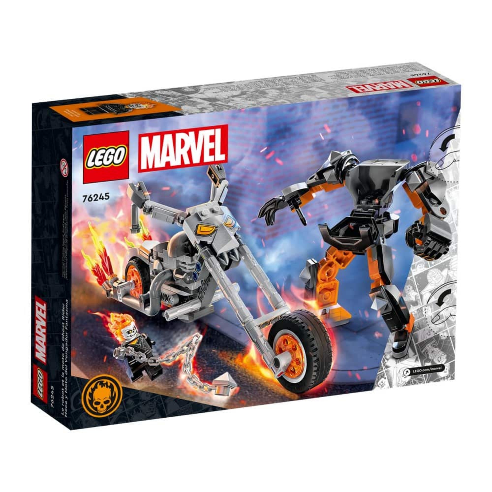 A LEGO Marvel Szellemlovas robot és motor (76245) készlet színes, látványos doboza, amelyen az építhető motor, a lángoló láncot tartó minifigura és a fekete-narancssárga robot küzdelmi jelenetben látható.