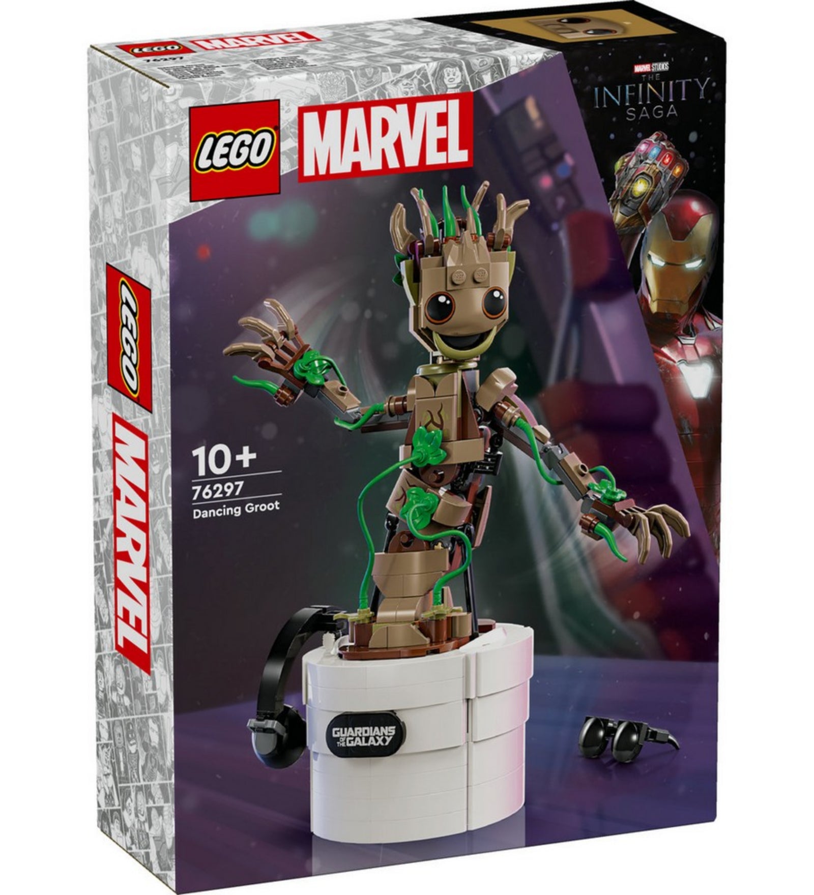 A LEGO Marvel Táncoló Groot (76297) szett doboza, amelyen a karakter dinamikus pózban szerepel az alapkészlettel, Marvel logóval és 459 darabos jelöléssel.
