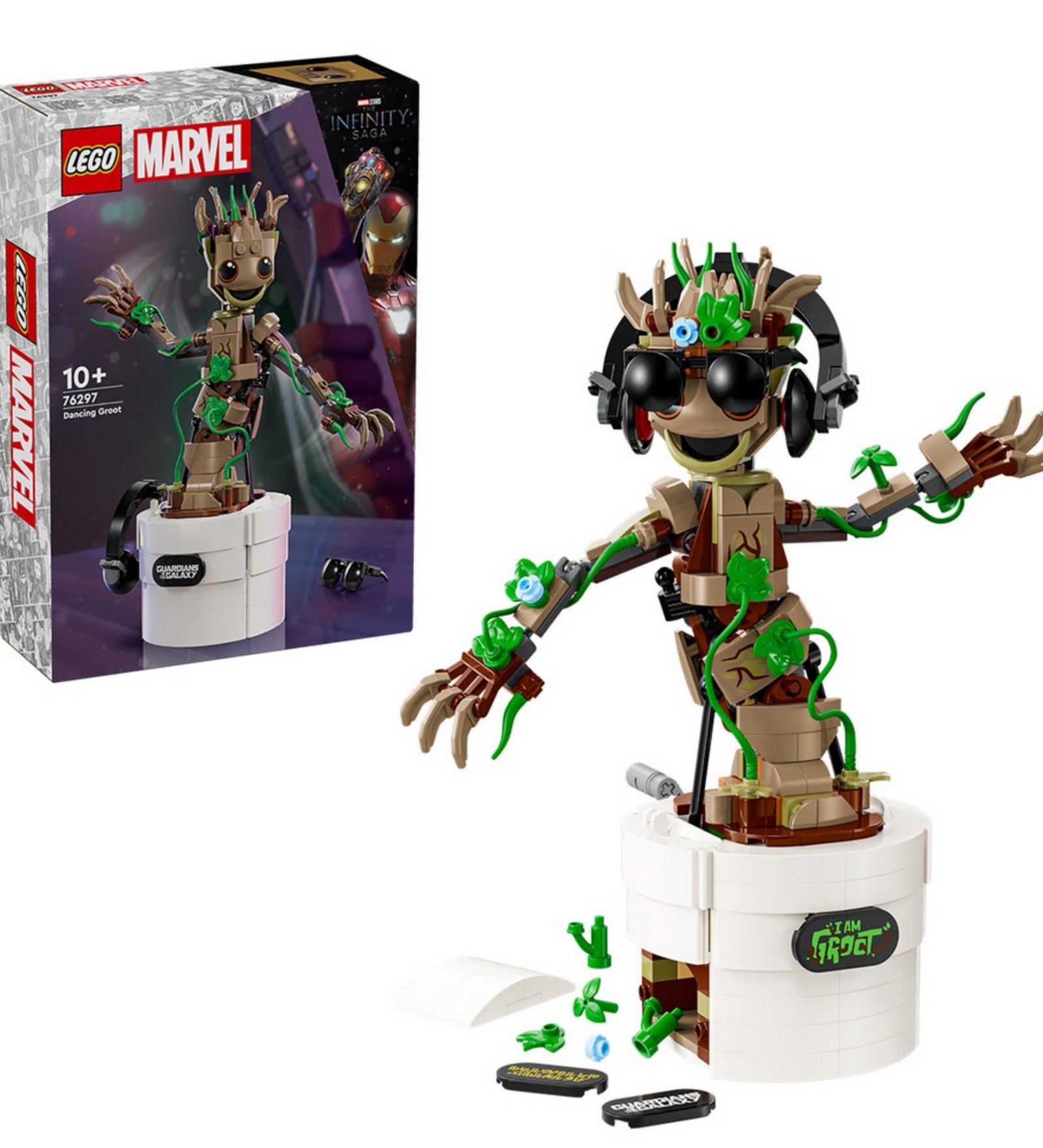 A LEGO Marvel Táncoló Groot (76297) doboza és a mellette álló összerakott Groot figura, együttesen fotózva fehér háttér előtt.