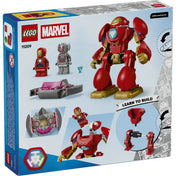 LEGO Marvel Vasember Hulkbuster vs. Ultron (11209) dobozának hátoldala, amely bemutatja a Hulkbuster páncél építési lépéseit, a nyitható pilótafülkét, valamint az Iron Man és Ultron minifigurákat.