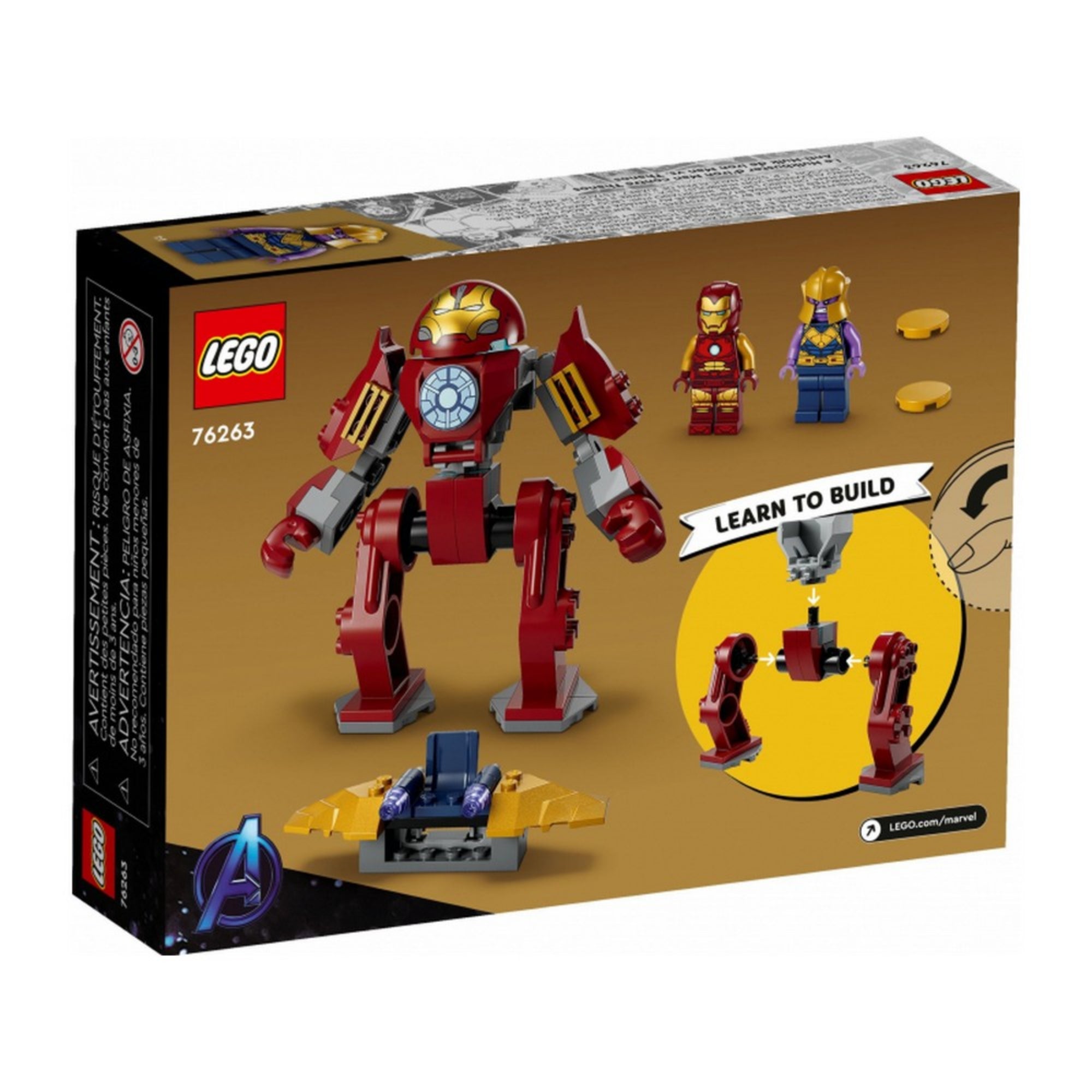 A LEGO Hulkbuster vs. Thanos (76263) doboz hátoldala, bemutatva a játéklehetőségeket, Hulkbuster mozgathatóságát és a mellékelt Thanos figurát.