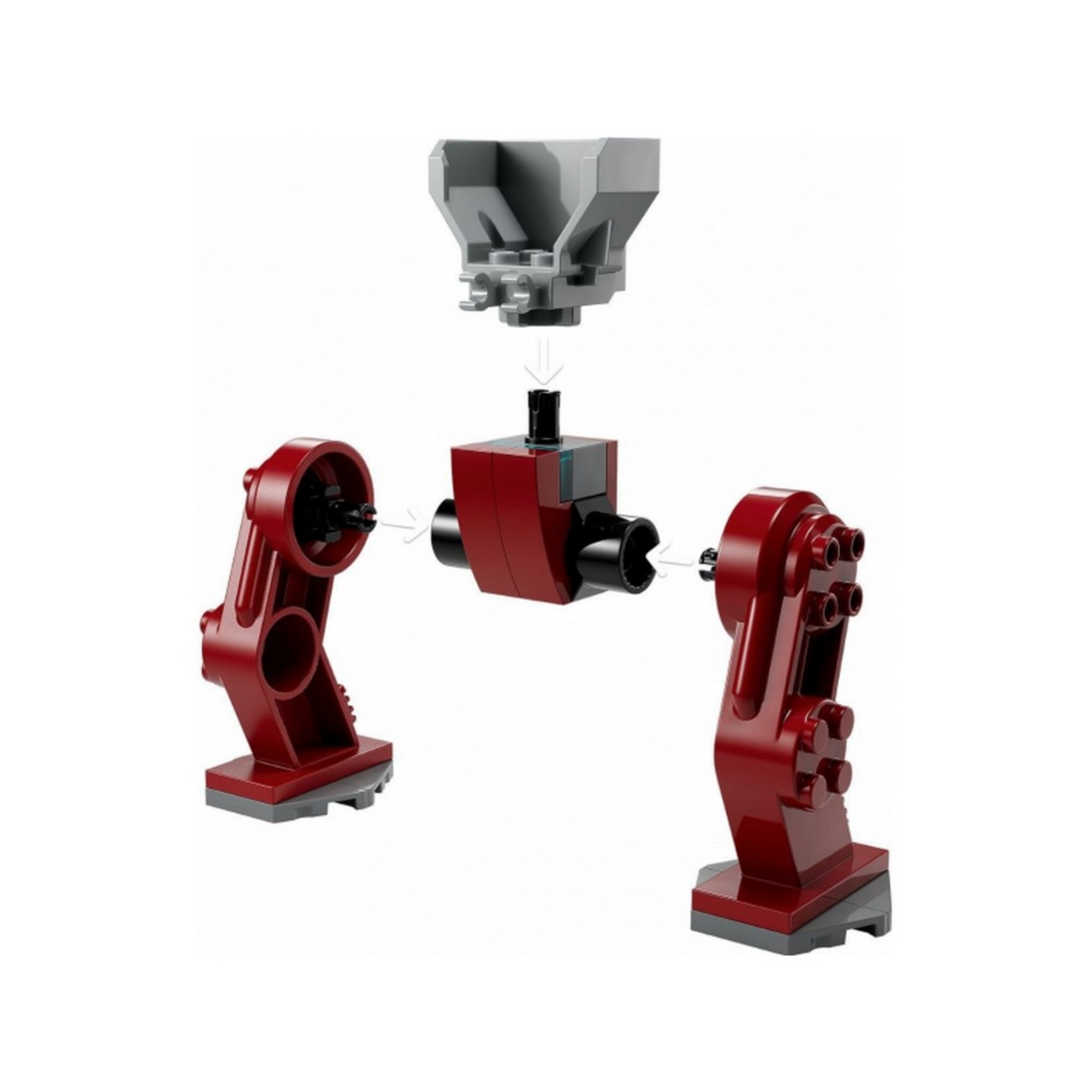Részletes kép a LEGO Marvel Hulkbuster vs. Thanos (76263) készlet elemeiről szétszedett állapotban, külön látható a Hulkbuster páncél, Thanos minifigura, kiegészítők és energiaelemek.