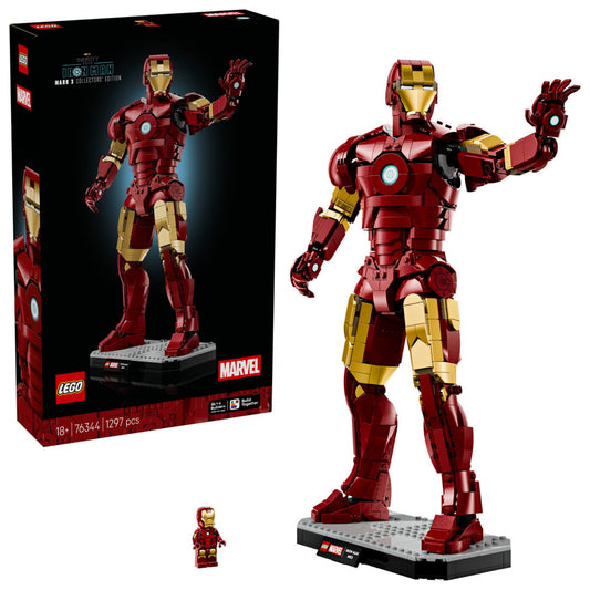 LEGO Marvel Vasember Mark 3 gyűjtői kiadás (76344) megépített figura talapzaton, mellette a doboz és egy Vasember minifigura.