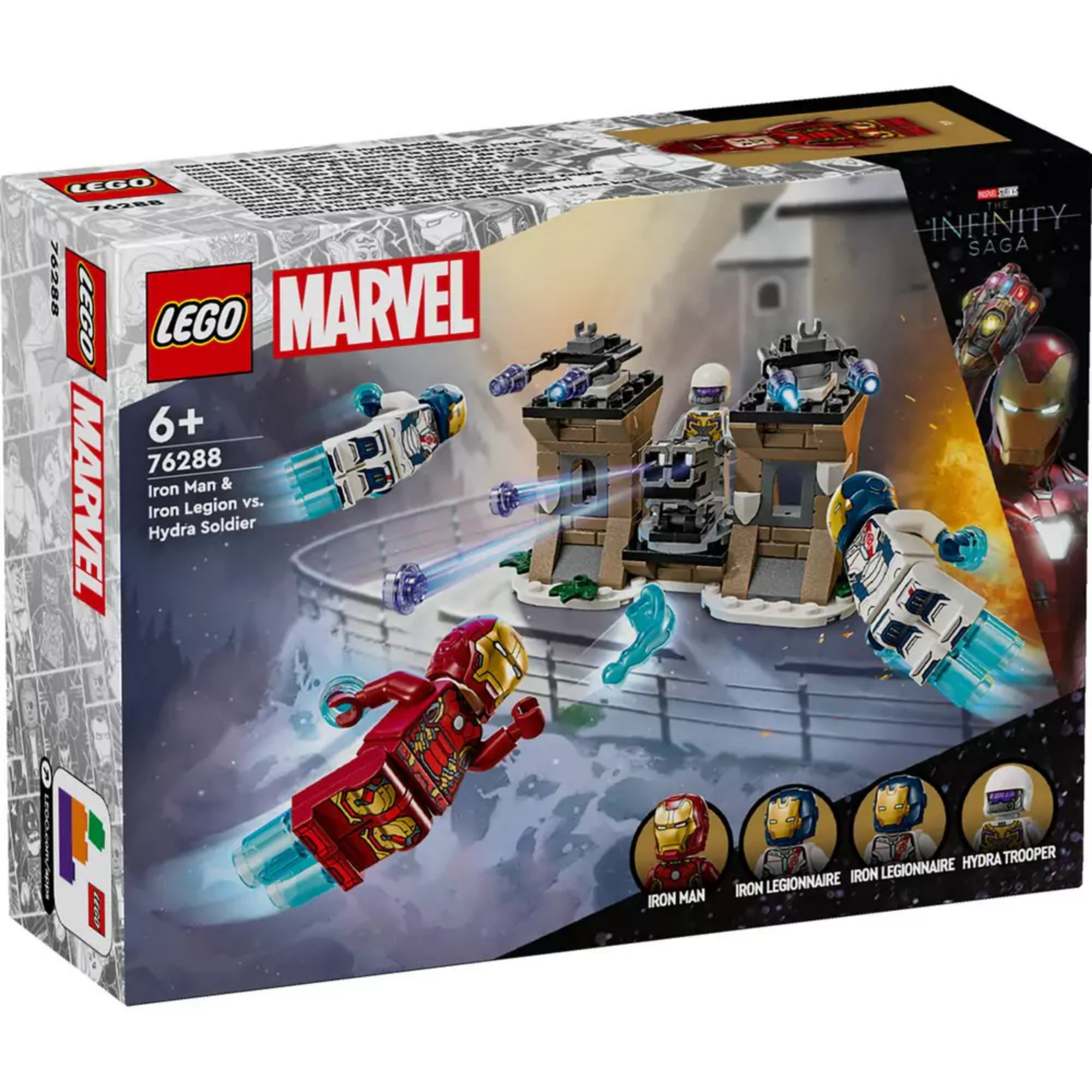 A LEGO Marvel Vasember és a Vaslégió vs. Hydra-katona (76288) szett színes doboza, rajta a repülő szuperhős minifigurák és az erődítmény részletei, valamint a négy minifigura ikonja az alsó sávban.