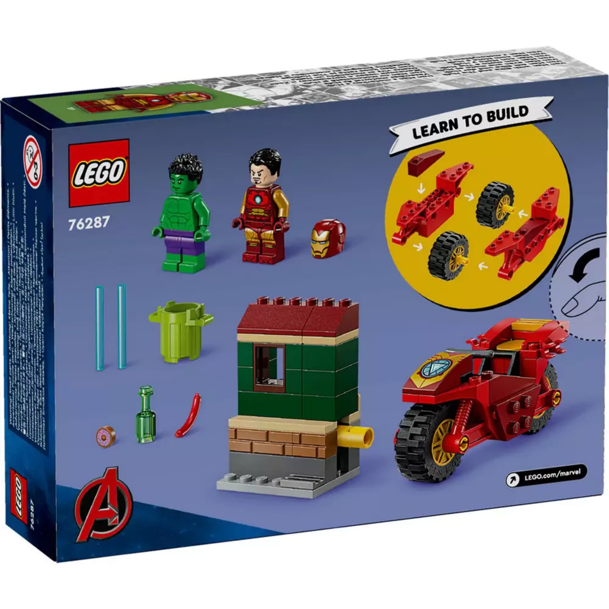 A LEGO Marvel 76287 dobozának hátoldala, részletekkel a játszható funkciókról, Iron Man motorja és Hulk akcióban láthatók.