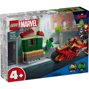 A LEGO Marvel 76287 szett dobozának elölnézete, színes grafika mutatja Vasembert motorral és Hulkot a zöld háttér előtt.