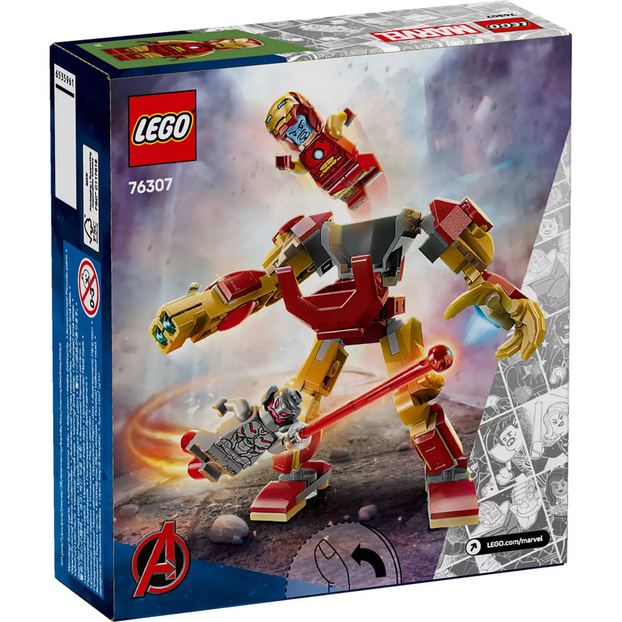 A LEGO Marvel Vasember robot vs. Ultron (76307) hátsó csomagolása, a robot mozgatható részeinek és akciófunkcióinak bemutatásával.