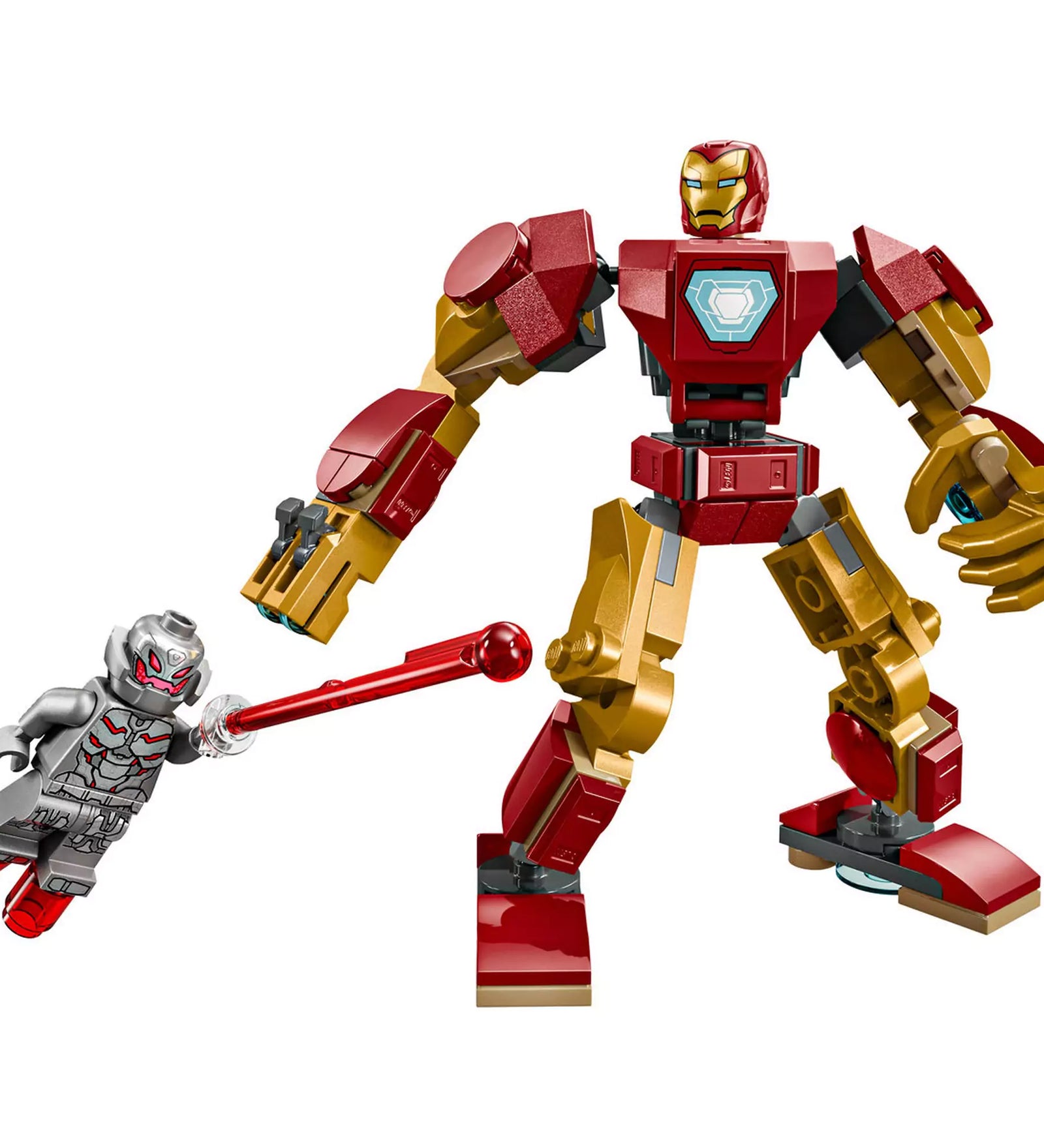 A LEGO Marvel Vasember robot (76307) teljes építmény és az Ultron figura lézerkarddal a kezében, akciópozícióban.