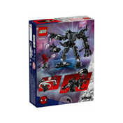 A LEGO Marvel 76276 készlet dobozának hátoldala, amely bemutatja a robotpáncél mozgatható részeit, a mellékelt Miles Morales és Venom minifigurákat, valamint a játék különféle akciójeleneteit piros kiemelésekkel illusztrálva.