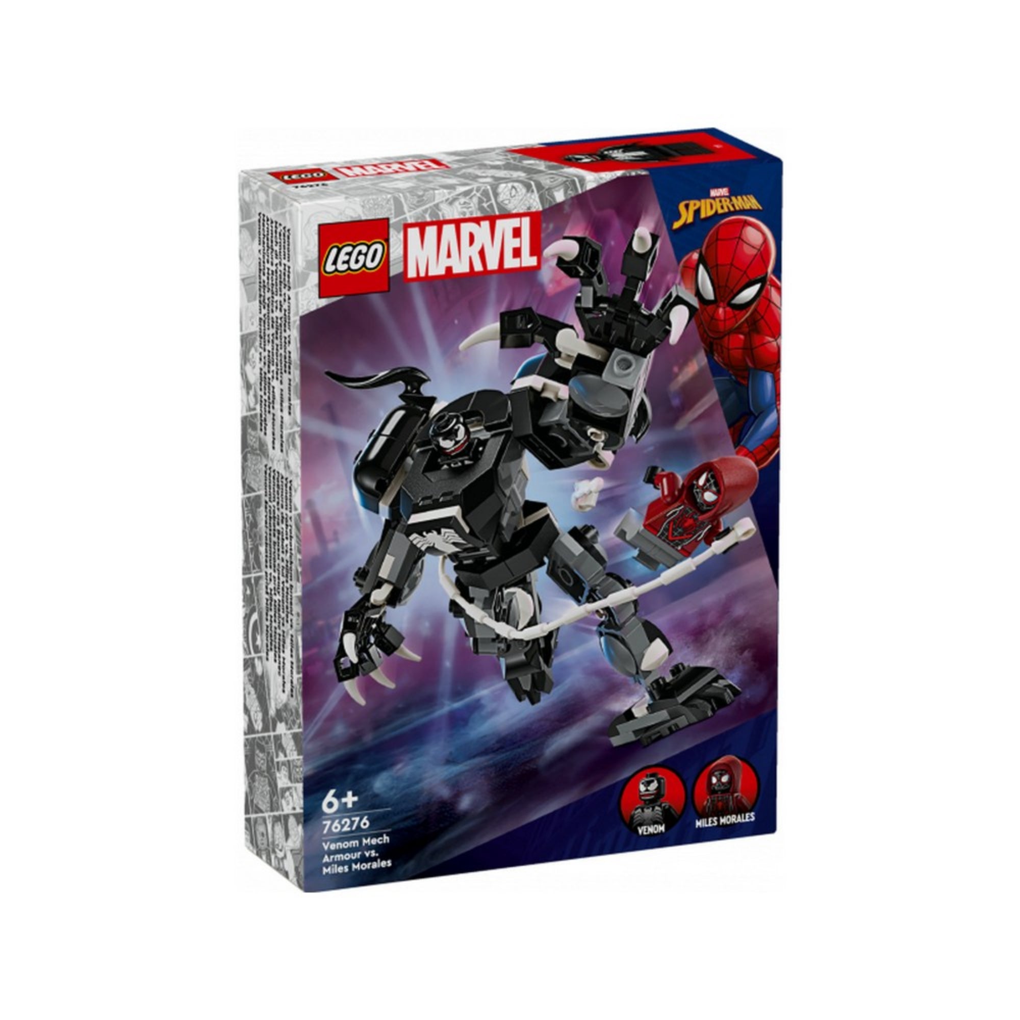 A LEGO Marvel 76276 Venom Mech Armour vs. Miles Morales készlet doboza, amelyen a dinamikus harci jelenet látható: Venom robotja megragadja Miles Moralest a látványos háttér előtt, bal alsó sarokban a két minifigura képe is megjelenik.