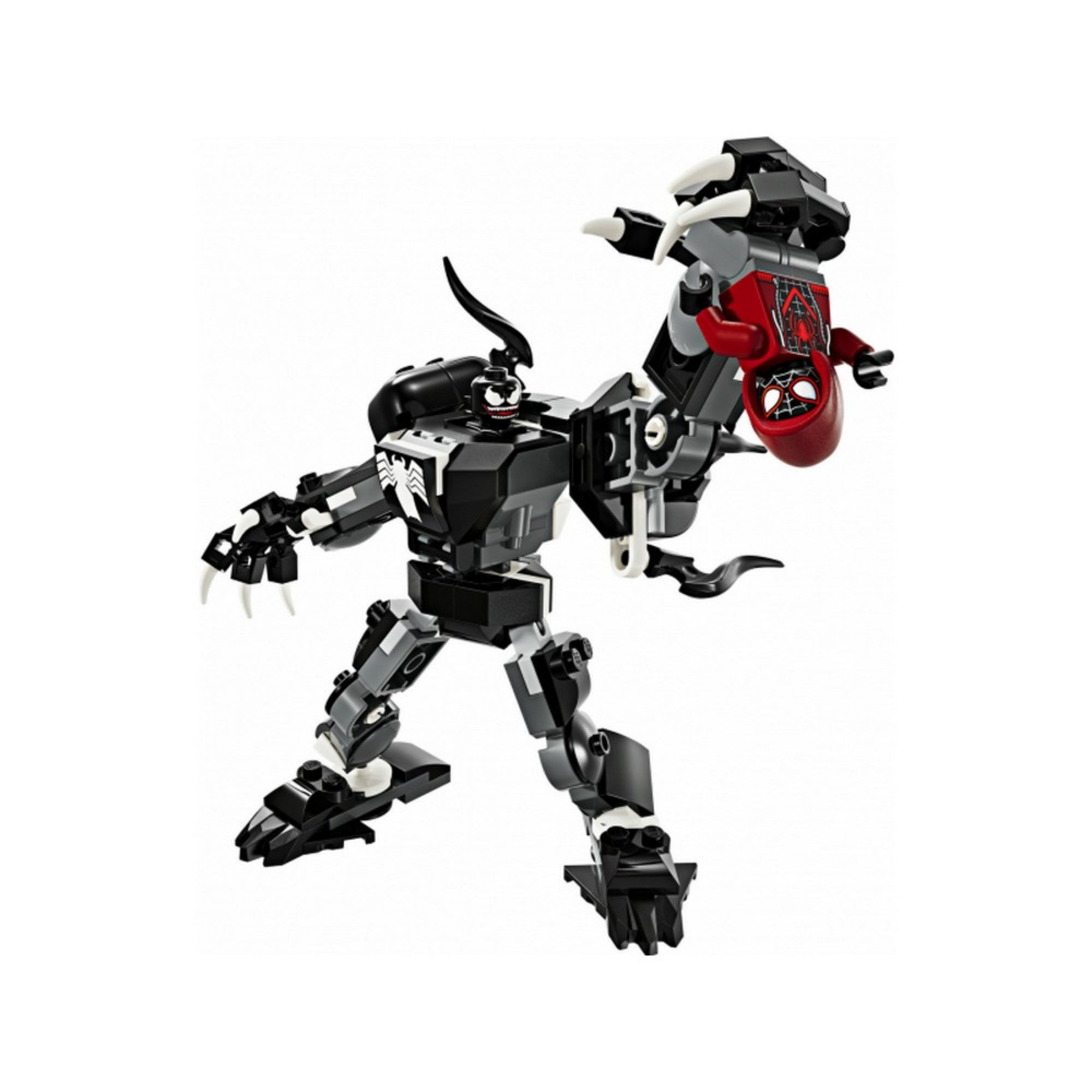 A LEGO Marvel Venom robotpáncél (76276) teljesen összeállított modellje, amelyben a fekete-fehér Venom robot egyik karjával felfelé tartja Miles Moralest, miközben a figura pókháló-elemekkel felszerelve küzd a szabadulásért.