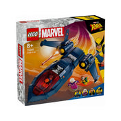 A LEGO Marvel X-Men X-Jet (76281) szett dobozának elölnézeti képe, amelyen a repülő dinamikus jelenetben szerepel háttérben a naplementével. A dobozon jól látható a Marvel logó, az X-Men '97 sorozat emblémája, valamint a mellékelt minifigurák – Cyclops, Magneto, Rogue és Wolverine – arcképei.