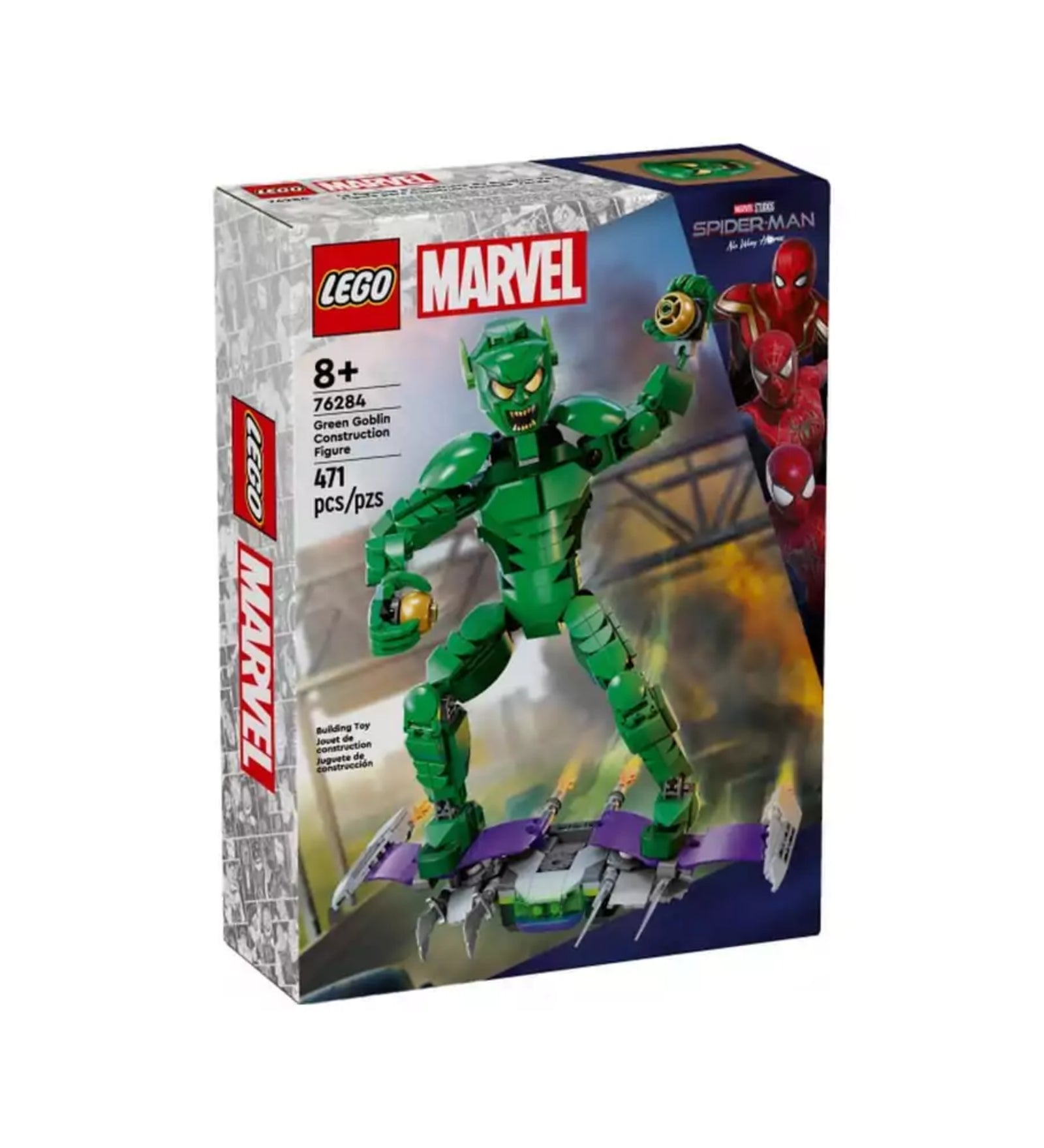 A LEGO Marvel Zöld Manó építőfigura (76284) doboza szemből fotózva, amelyen a zöld színű, pózolható figura látható a lila siklóján állva, háttérben robbanással és Pókember illusztrációval.