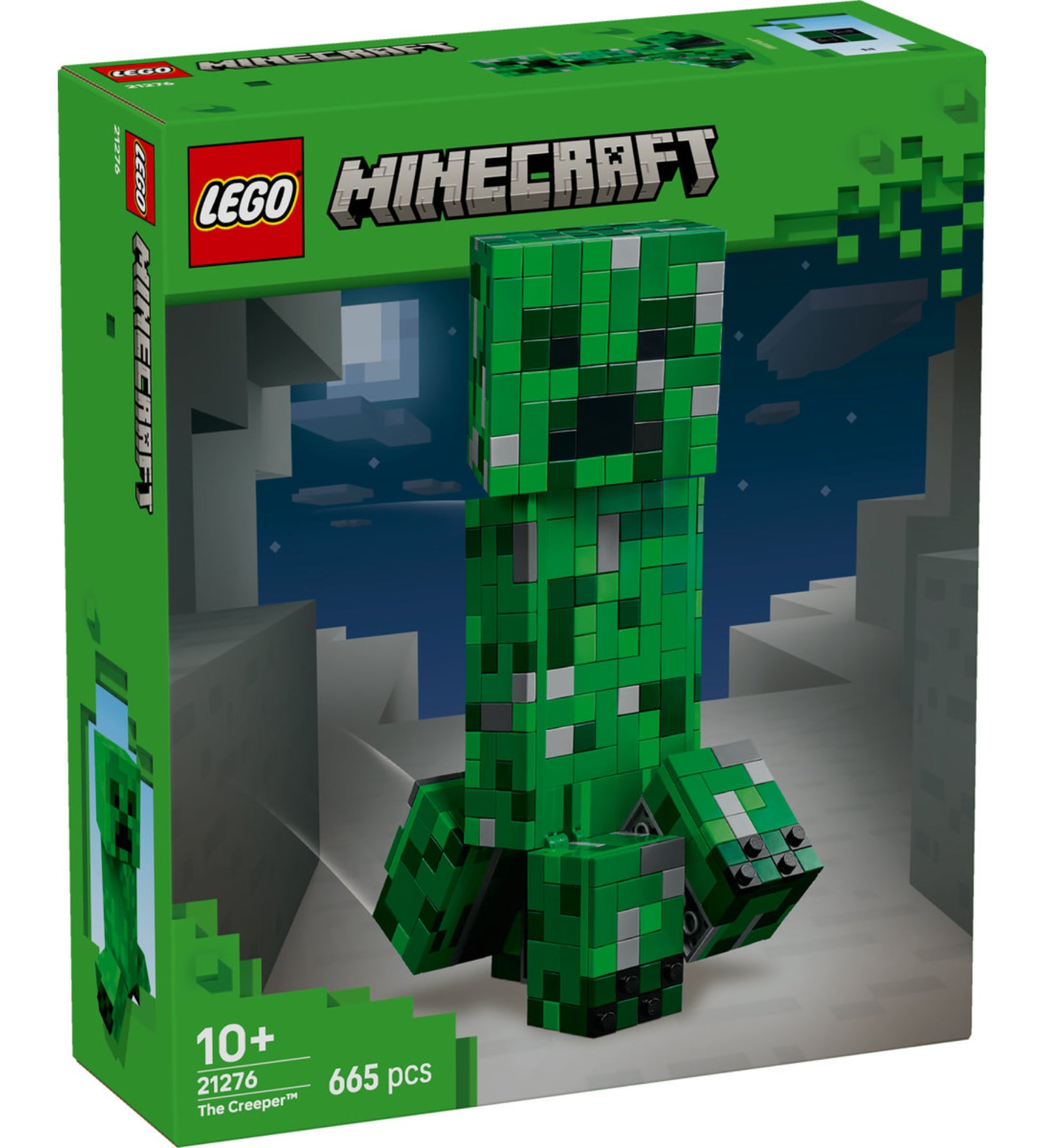 A LEGO Minecraft 21276 készlet doboza, rajta a zöld Creeper figura pixelgrafikás stílusban, barlangszerű háttérrel; bal alsó sarokban a 10+ korosztály és 665 darabos információ.
