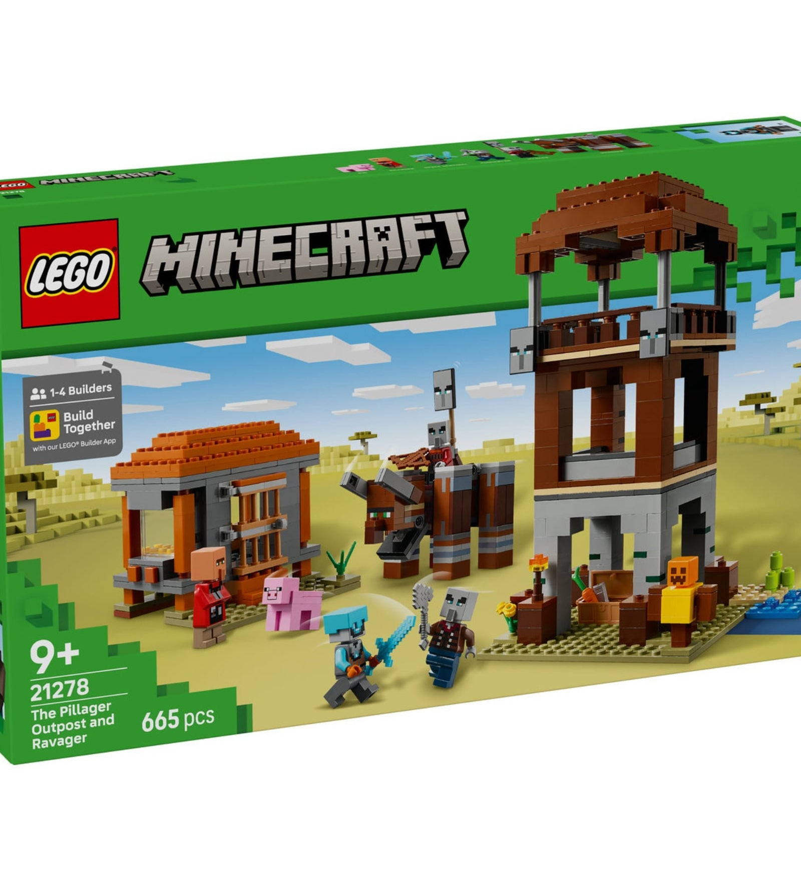 LEGO Minecraft A Fosztogató őrtorony és a Romboló (21278) készlet színes doboza, amelyen a készlet elemei és szereplői akcióban láthatók a Minecraft világ sivatagi tá