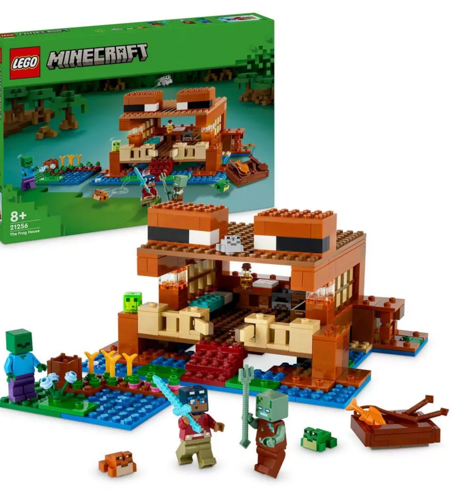 LEGO Minecraft A békaház (21256) doboza és a készlet tartalma együtt, kiállítva a doboz előterében.