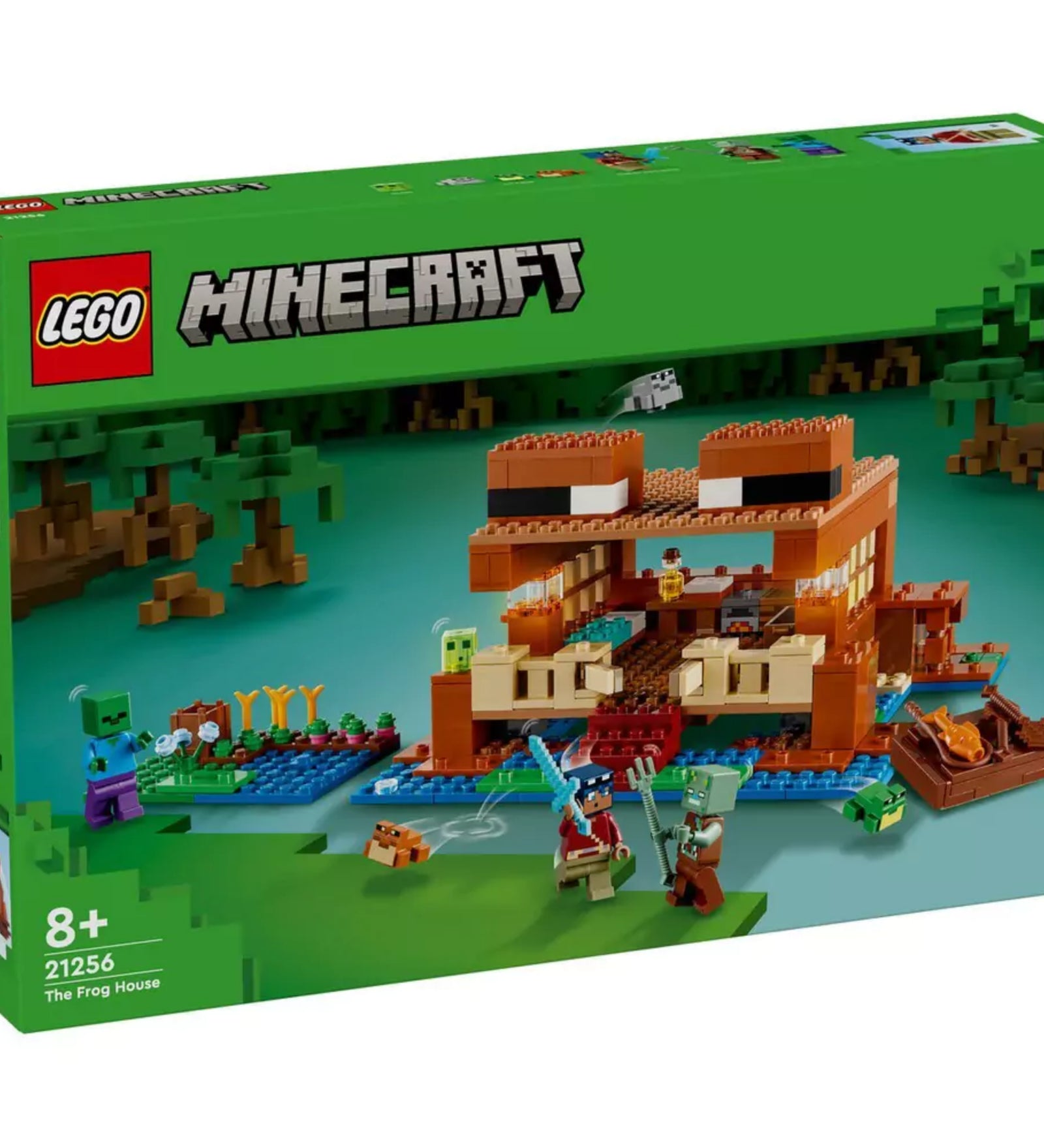 LEGO Minecraft A békaház (21256) zöld színű doboza elölnézetből, a mocsaras jelenet és karakterek láthatók a borítón.