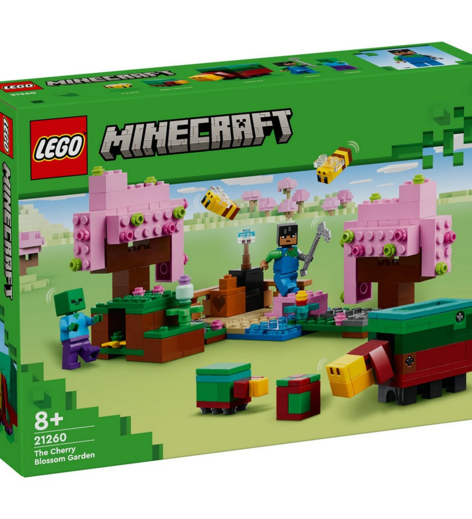 LEGO Minecraft A cseresznyevirágos kert (21260) doboza elölnézetből, a szett világoszöld háttérrel, virágzó rózsaszín fák, méhek, zombik és karakterek jelennek meg rajta.