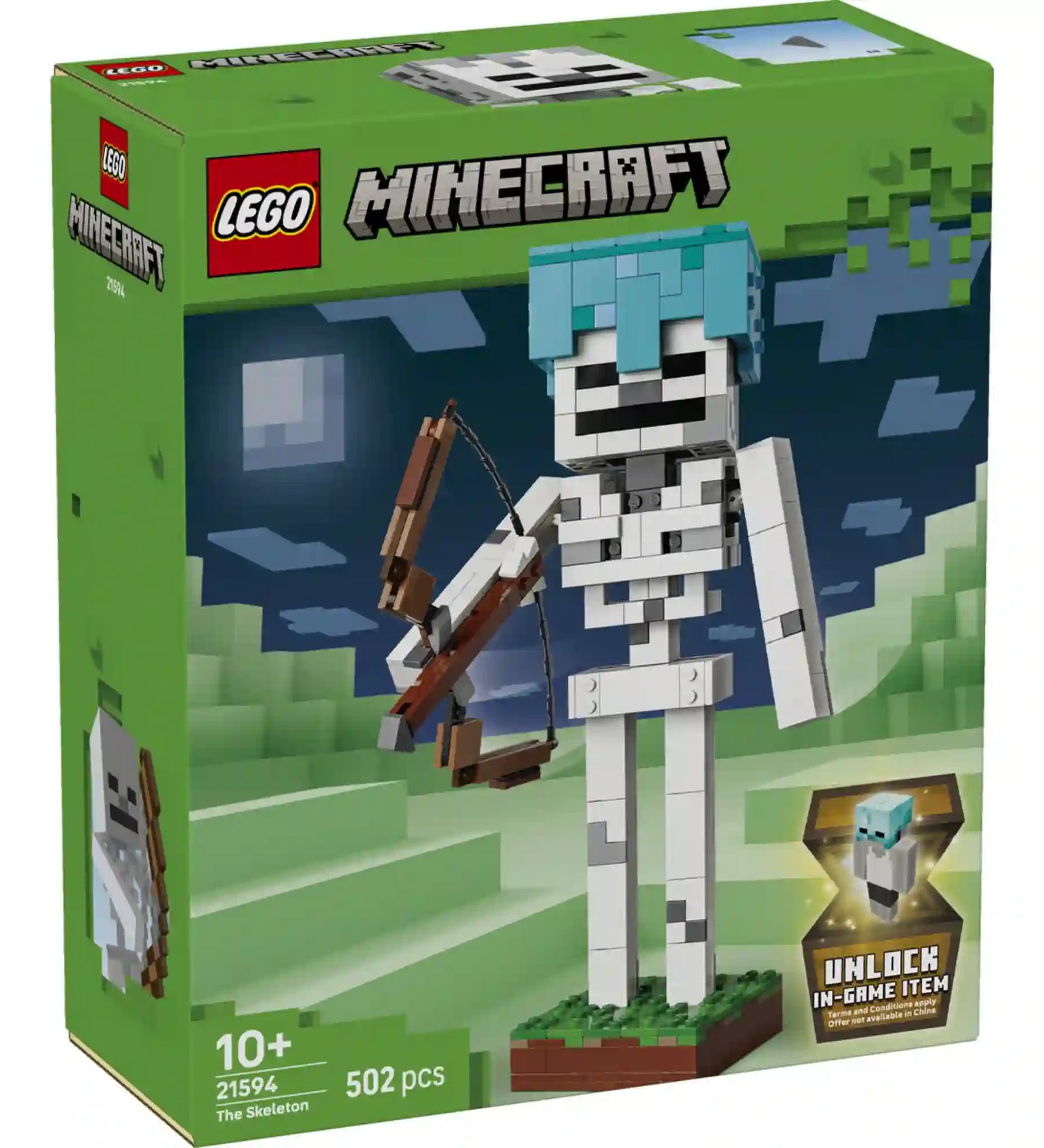 LEGO Minecraft: A csontváz 21594, 502 darabos dobozkép, csontváz figurával ábrázolva, lego és minecraft lógóval feltüntetve. 